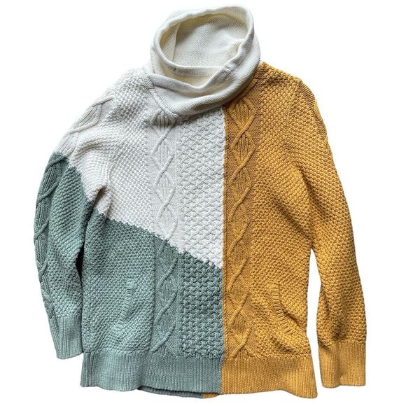 LL BEAN Cotton Funnel Neck Cable Knit Color Block Knit Sweater Size Large - Picture 3 of 6